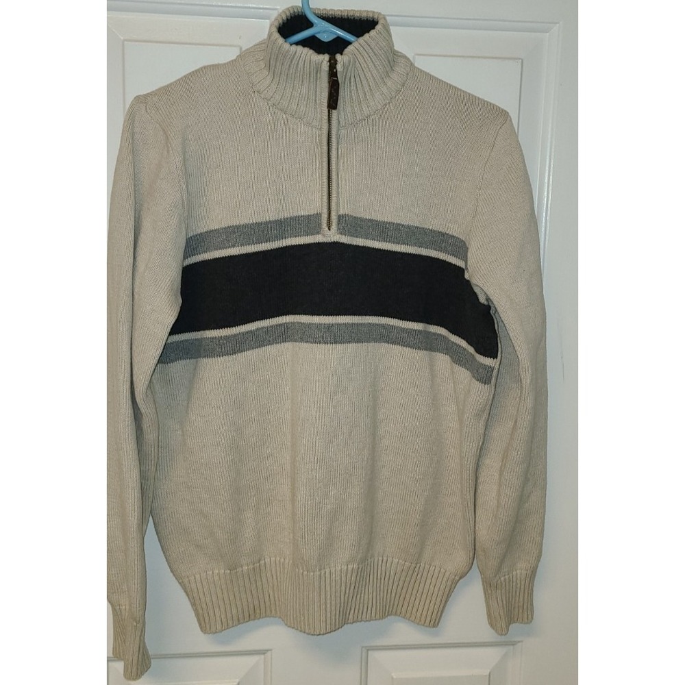 Eddie Bauer Sweater Mens M Navy Gray Striped Beige Cotton Quarter Zip Sweatshirt